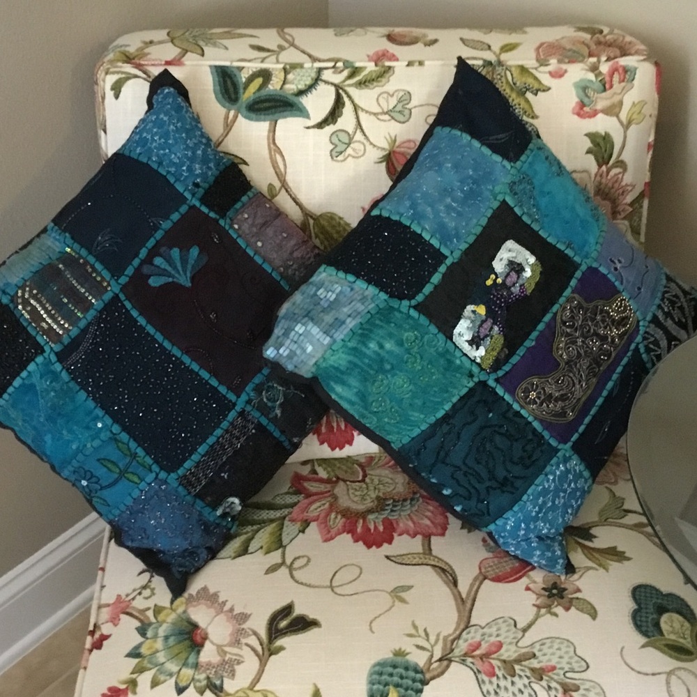 Handmade in India-NWOT-Teal 12x12 Accent Pillow w/Embroidery, Beads, and Sequins